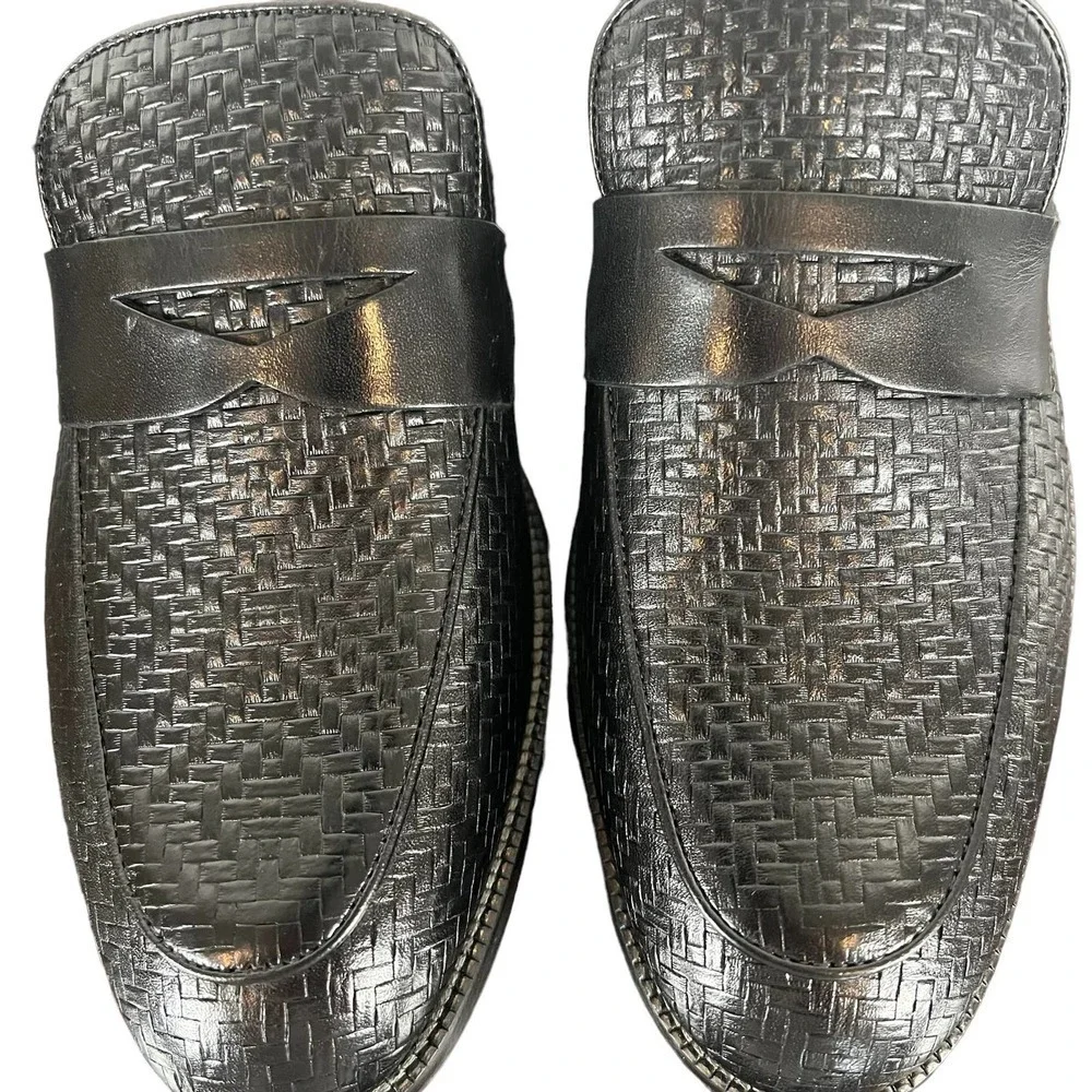 Men's Black Woven Leather Penny Loafers